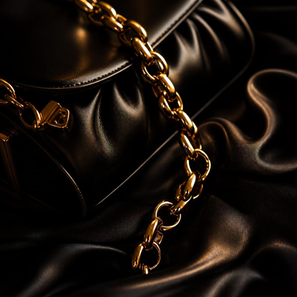 Gold chain detail on a black leather handbag